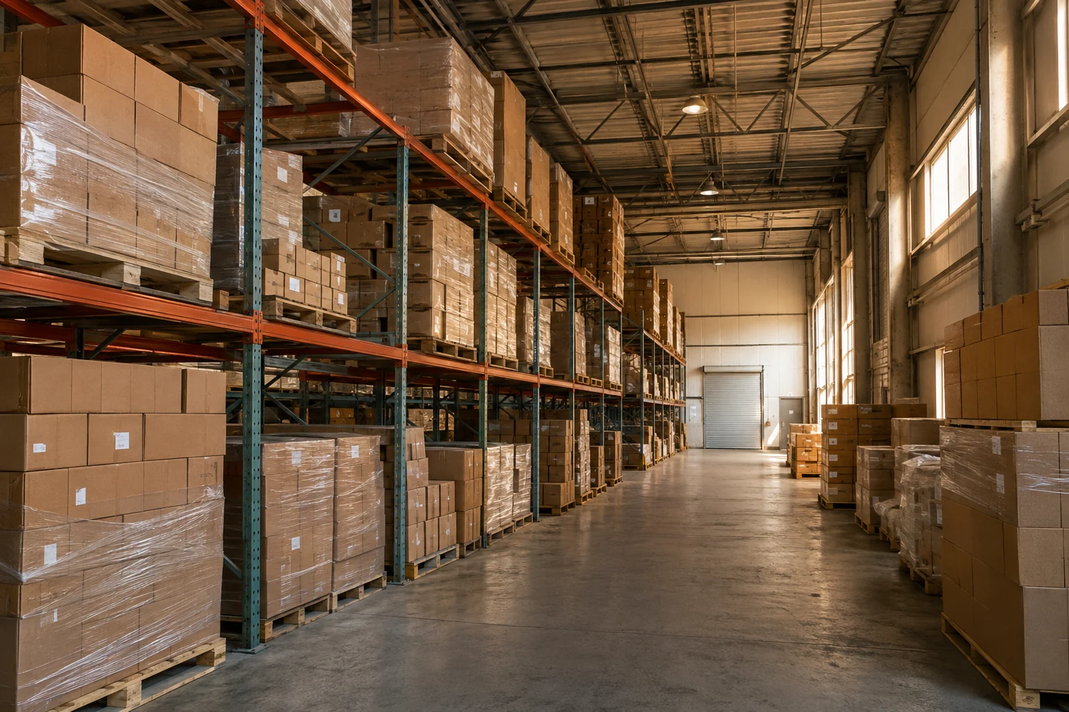 A bright warehouse with organized cartons and pallets on steel racks, shown as a representative setting